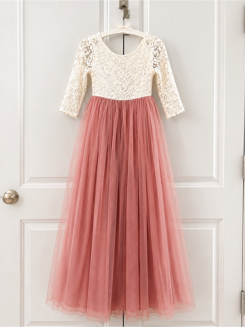 Girls Size 8 Dusty Rose & White Lace Formal Dress